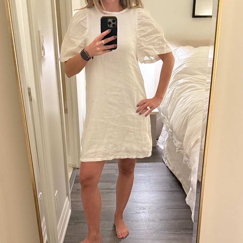 Rowie White Linen Puff Sleeve Dress, Size XS